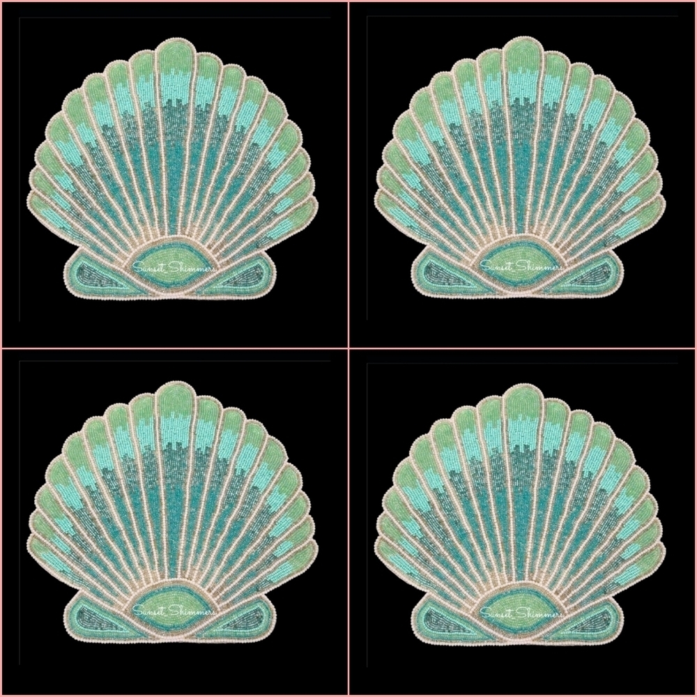 4pc Set Coastal Beaded Scalloped Seashell Placemats Chargers NEW